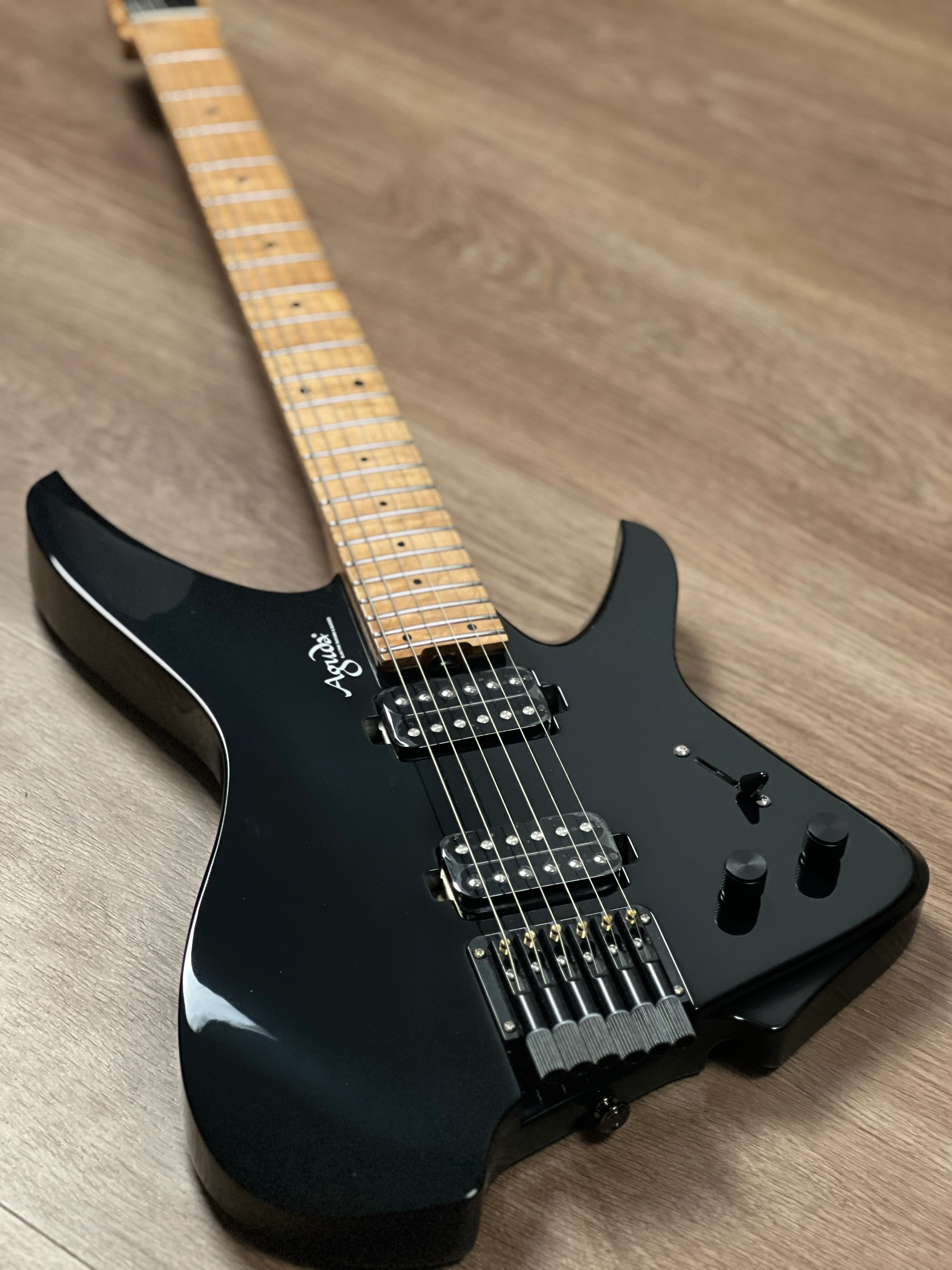 Aguda Musicboy with Premium Glossy Roasted Flame Maple Neck in Black 1 - Image 4