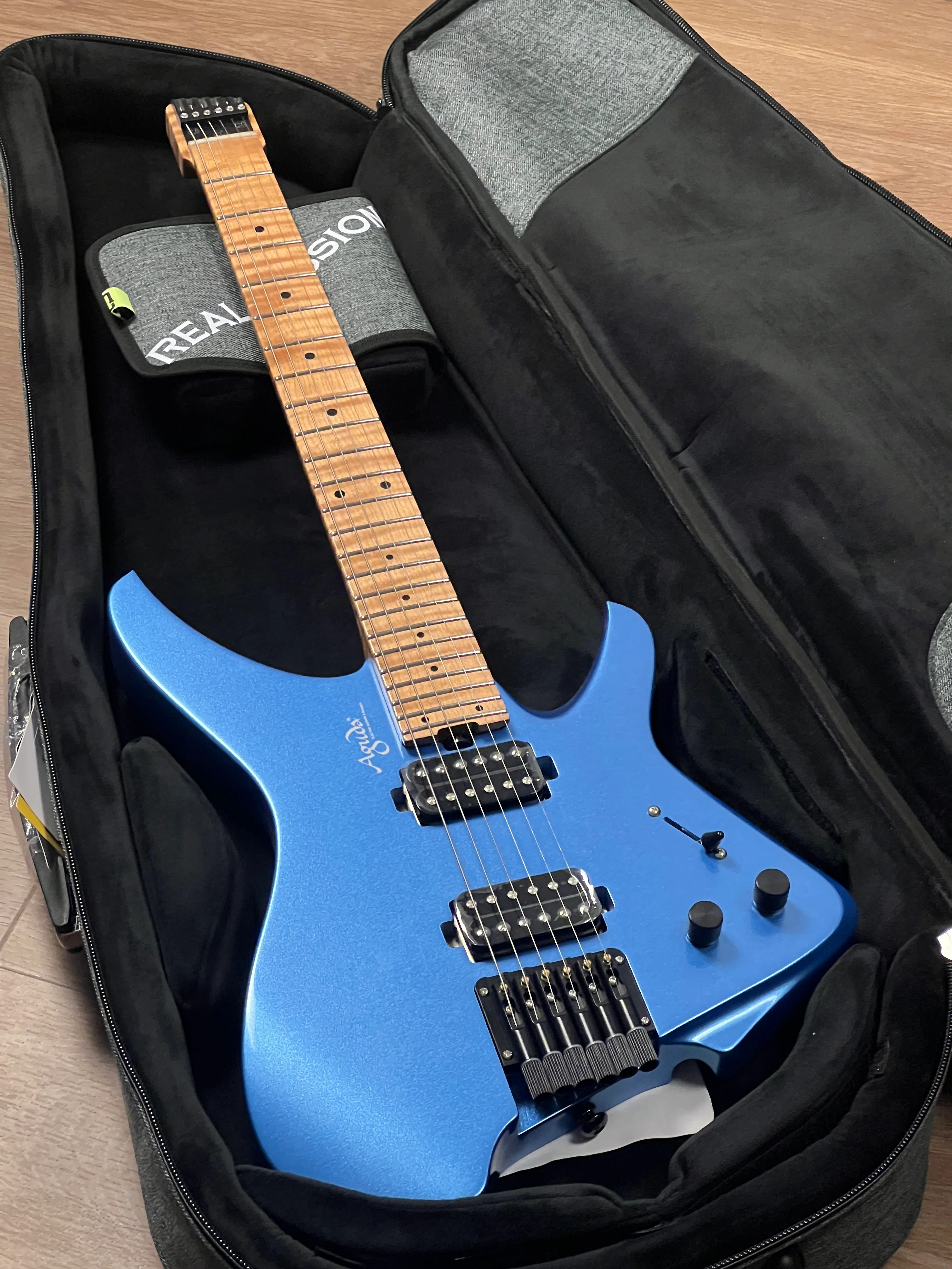 Aguda Musicboy with Premium Glossy Roasted Flame Maple Neck in Ice Blue Metallic