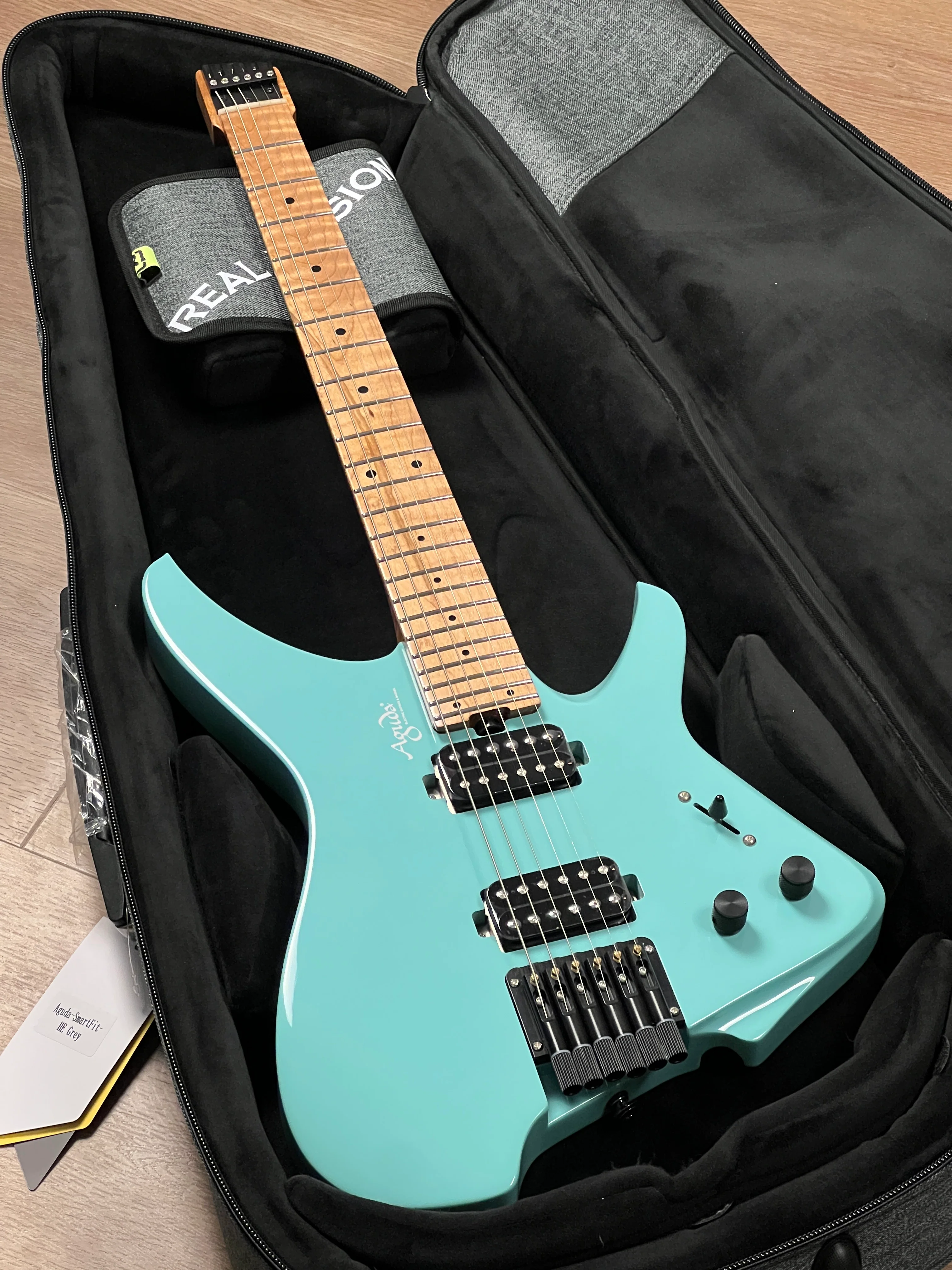 Aguda Musicboy with Premium Glossy Roasted Flame Maple Neck in in Seafoam Green 1