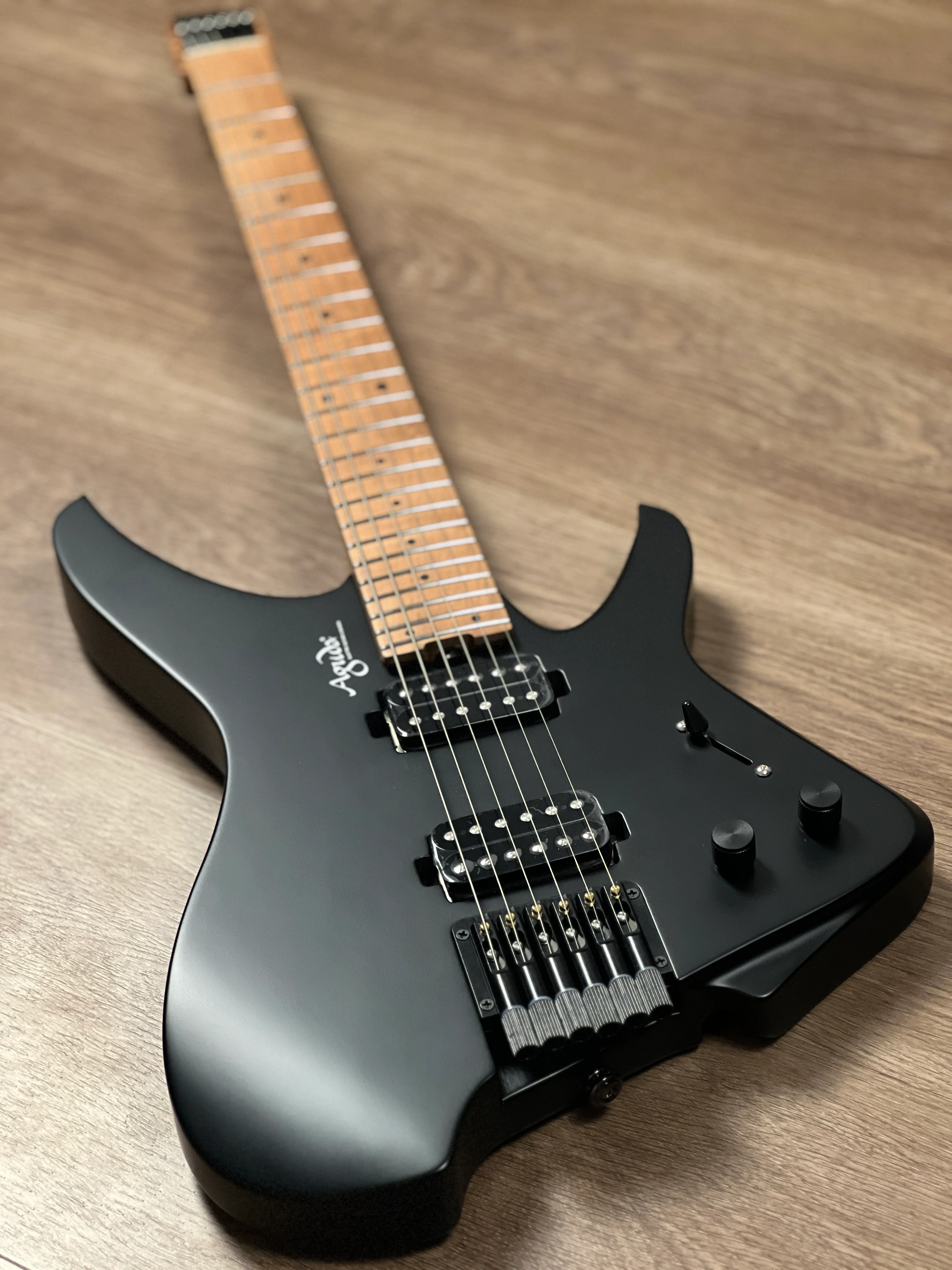 Aguda Musicboy with Premium Satin Roasted Flame Maple Neck in in Stealth Black 1 - Image 4
