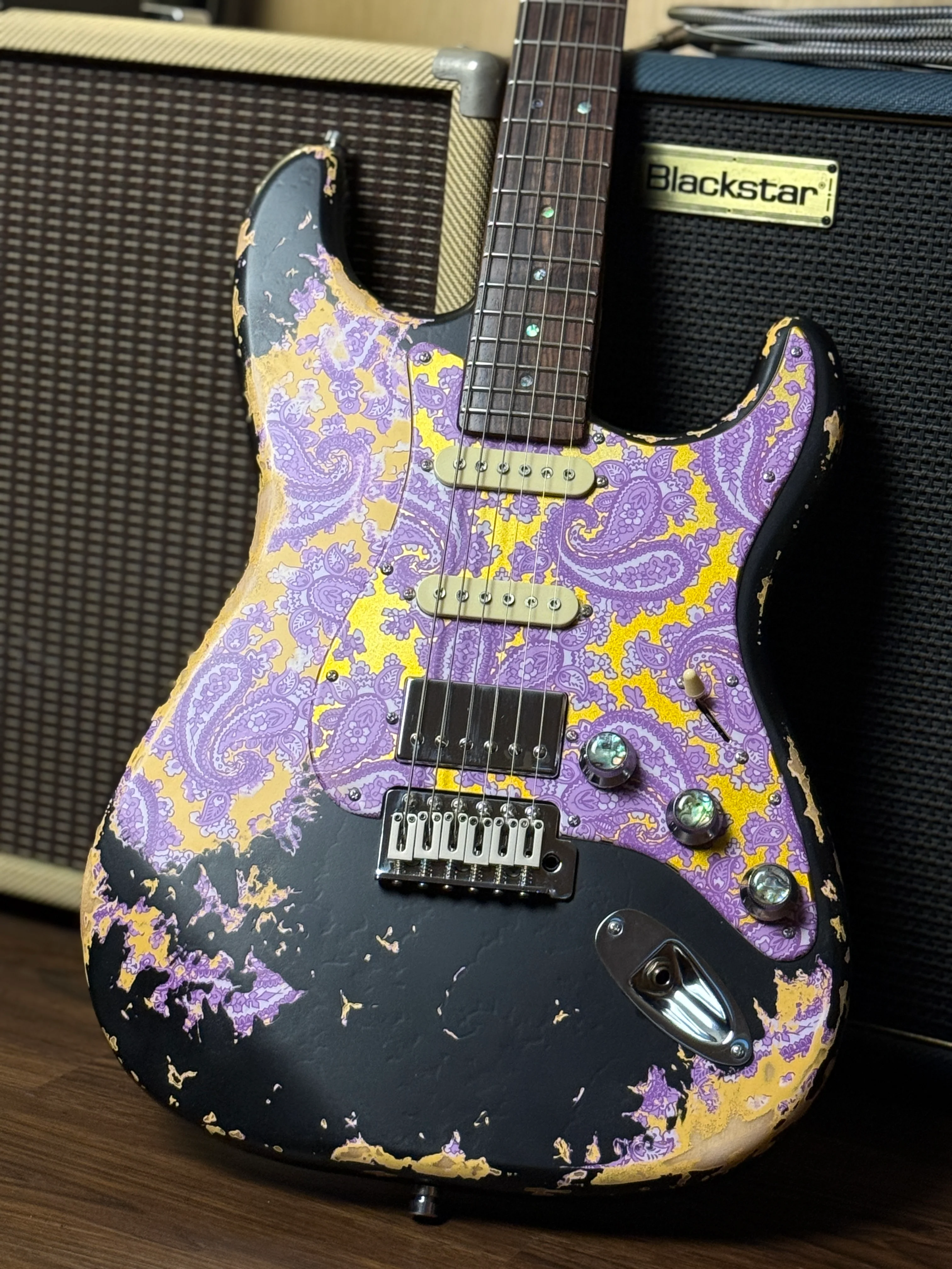 Dhatarattha Classic DST HSS in Black over Purple Paisley with Rosewood FB and Nitrocellulose Lacquer Relic - Image 8