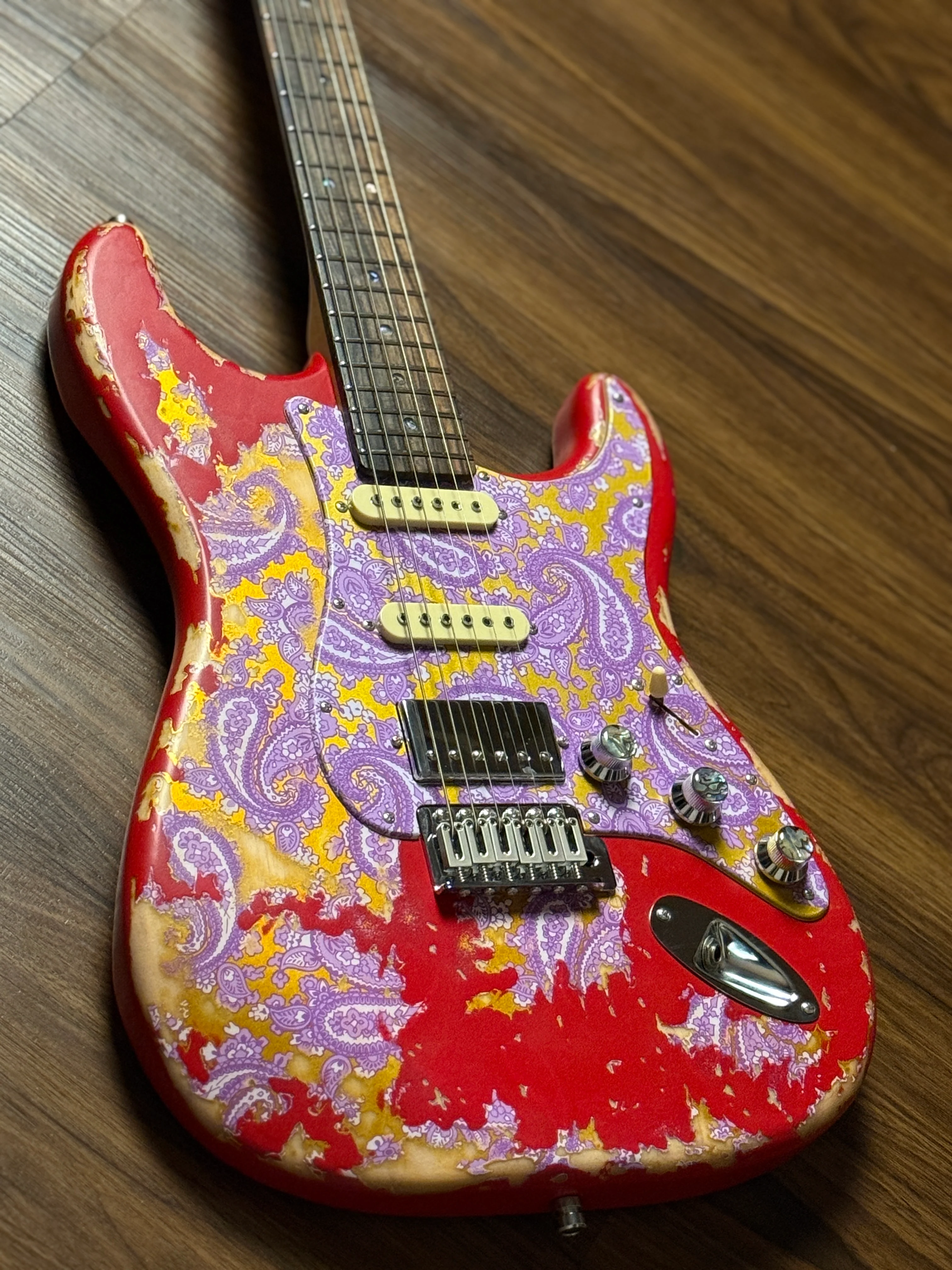 Dhatarattha Classic DST HSS in Candy Apple Red over Purple Paisley with Rosewood FB and Nitrocellulose Lacquer Relic - Image 4