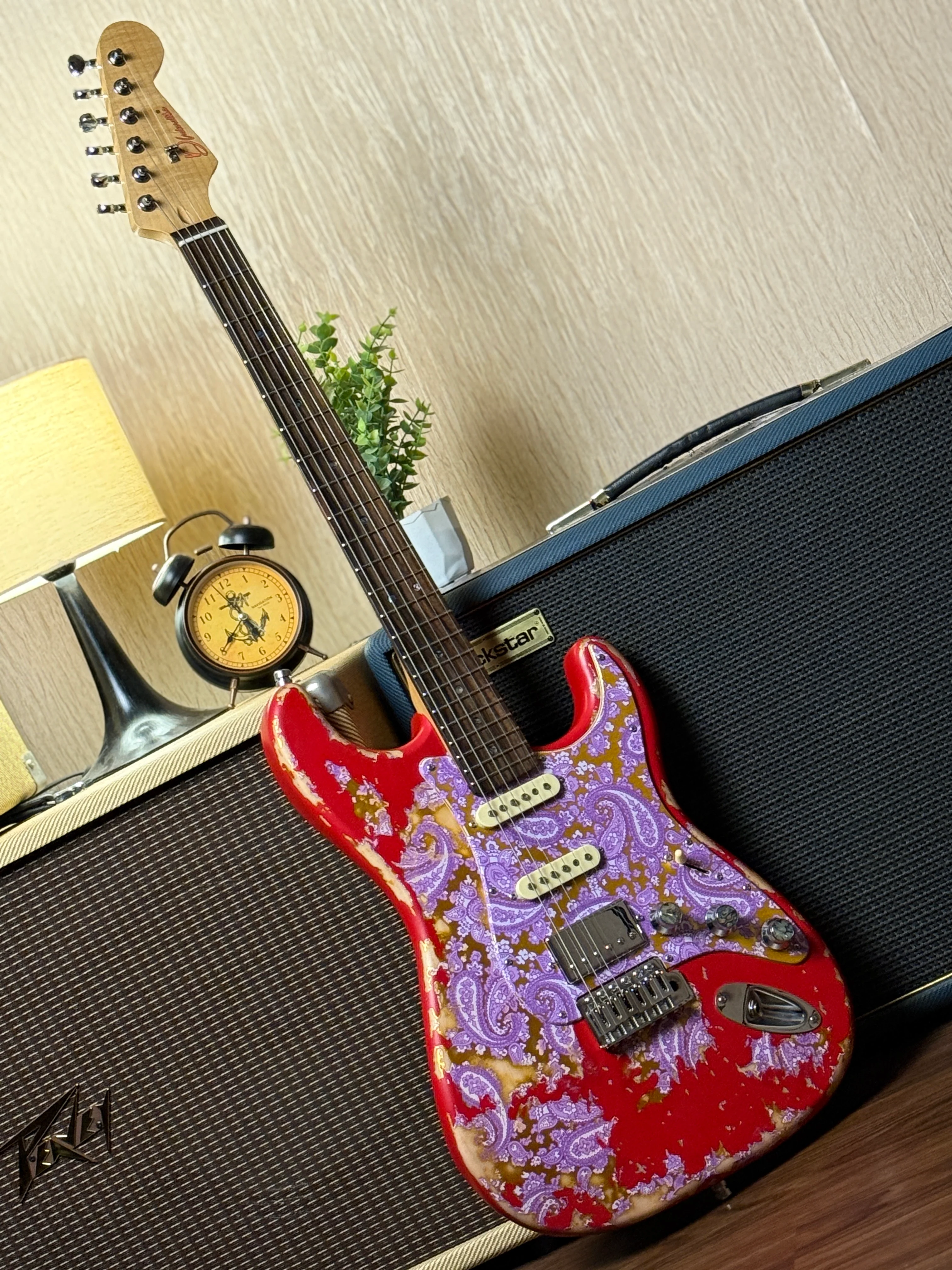 Dhatarattha Classic DST HSS in Candy Apple Red over Purple Paisley with Rosewood FB and Nitrocellulose Lacquer Relic - Image 9