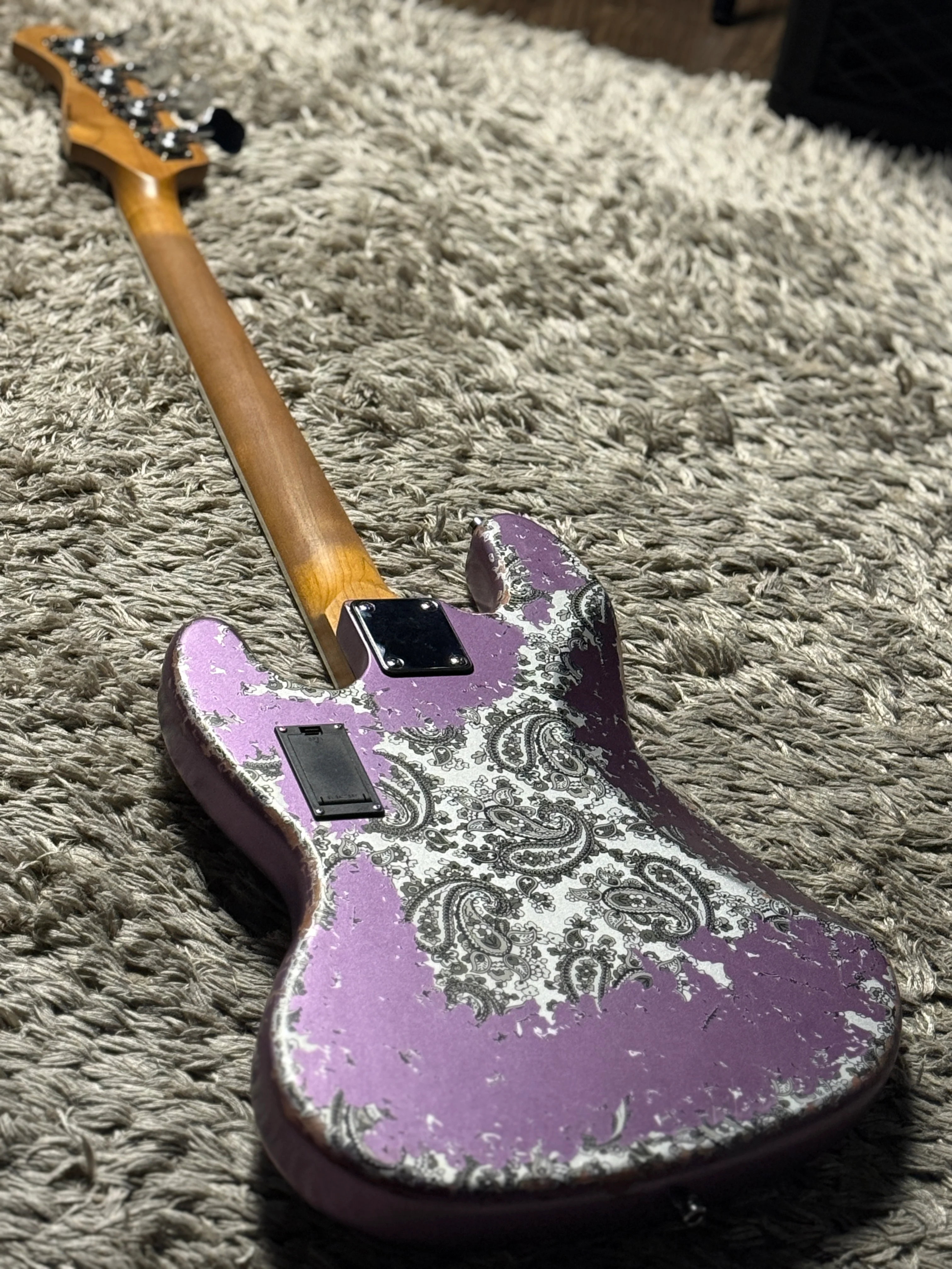 Dhatarattha Custom DEB 4 String Bass in Violet Purple over Black Paisley with RW FB with Nitrocellulose Lacquer Relic - Image 5