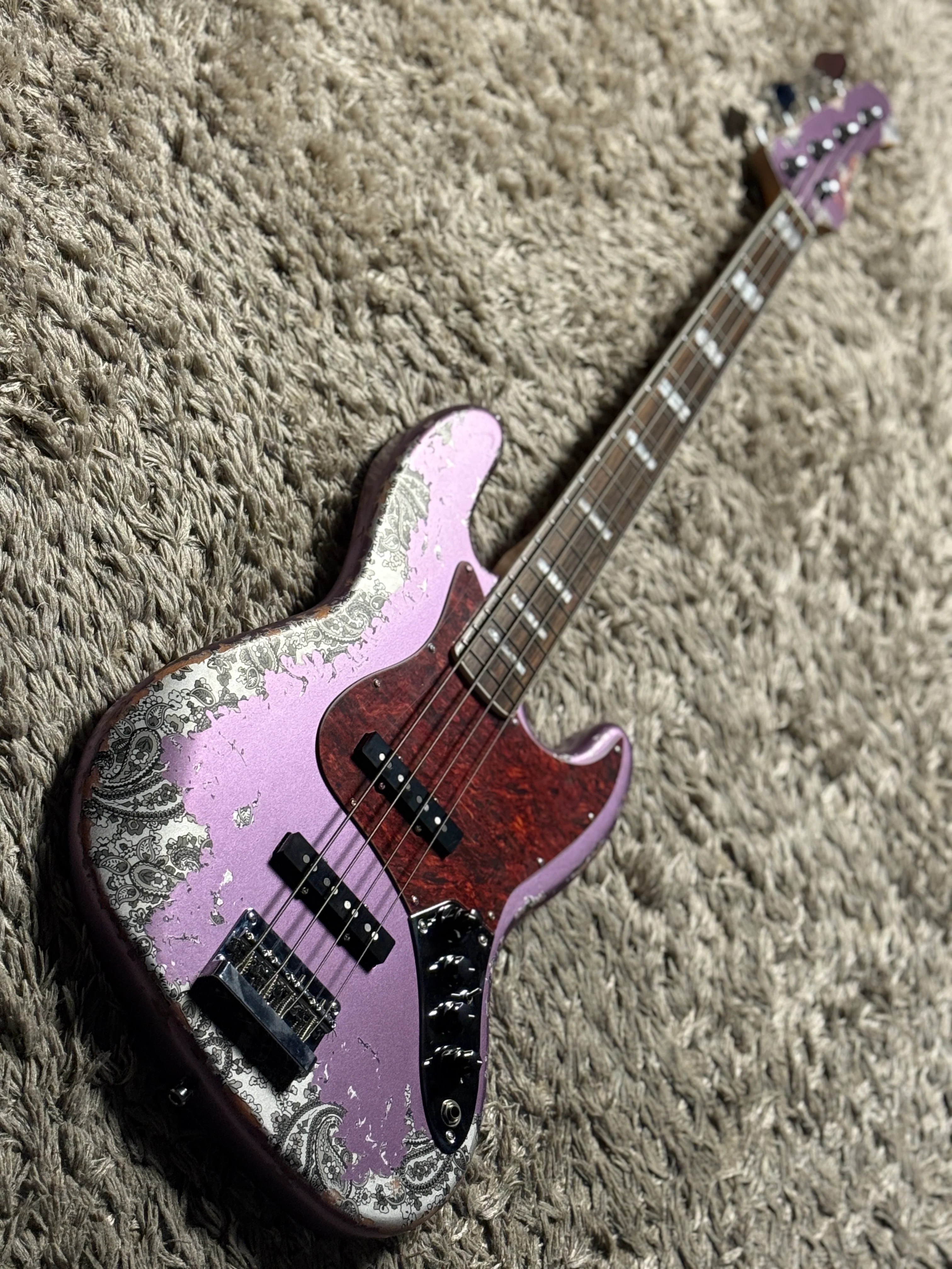 Dhatarattha Custom DEB 4 String Bass in Violet Purple over Black Paisley with RW FB with Nitrocellulose Lacquer Relic - Image 6