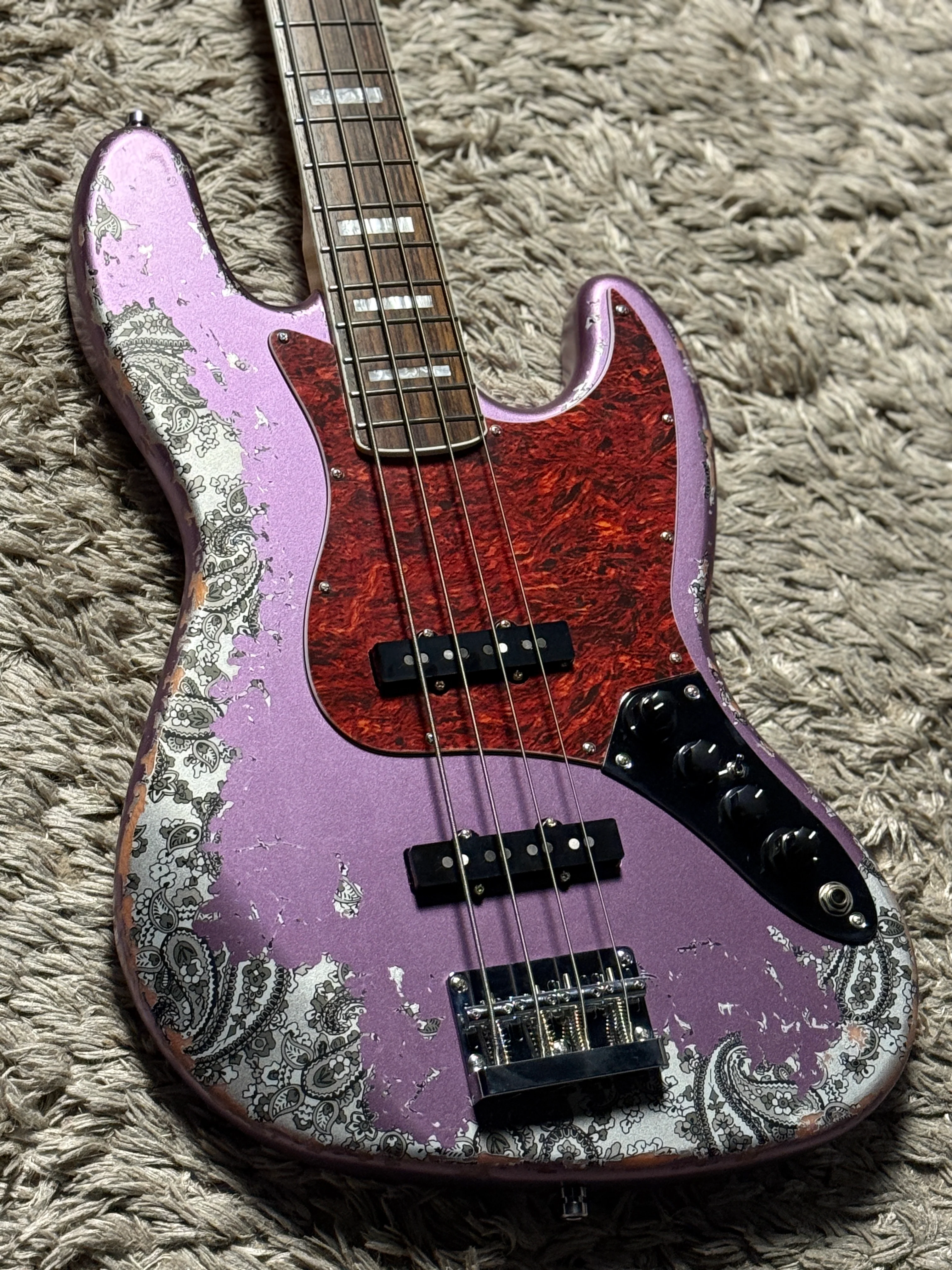 Dhatarattha Custom DEB 4 String Bass in Violet Purple over Black Paisley with RW FB with Nitrocellulose Lacquer Relic - Image 7