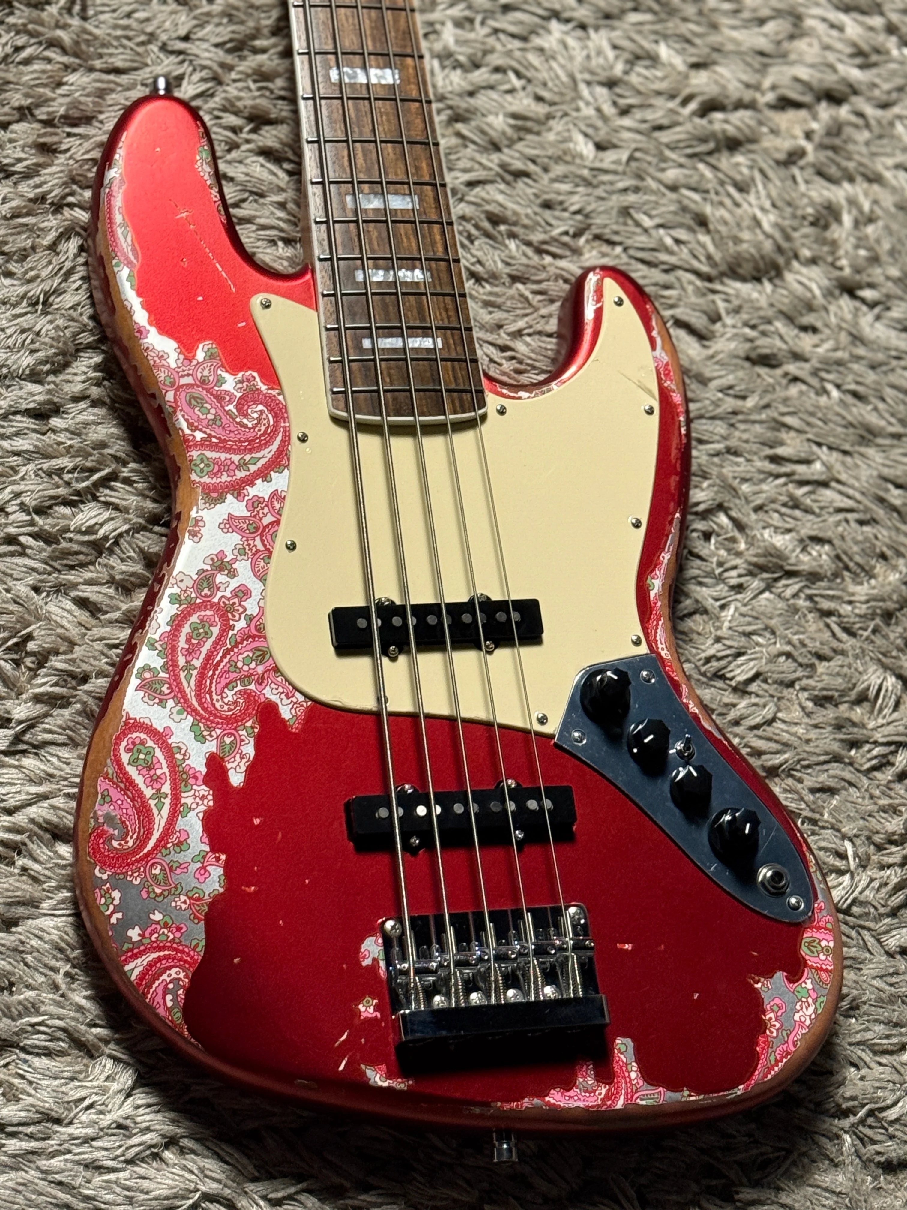 Dhatarattha Custom DEB 5 String Bass in Candy Apple Red over Pink Paisley with RW FB and Nitrocellulose Lacquer Relic - Image 5