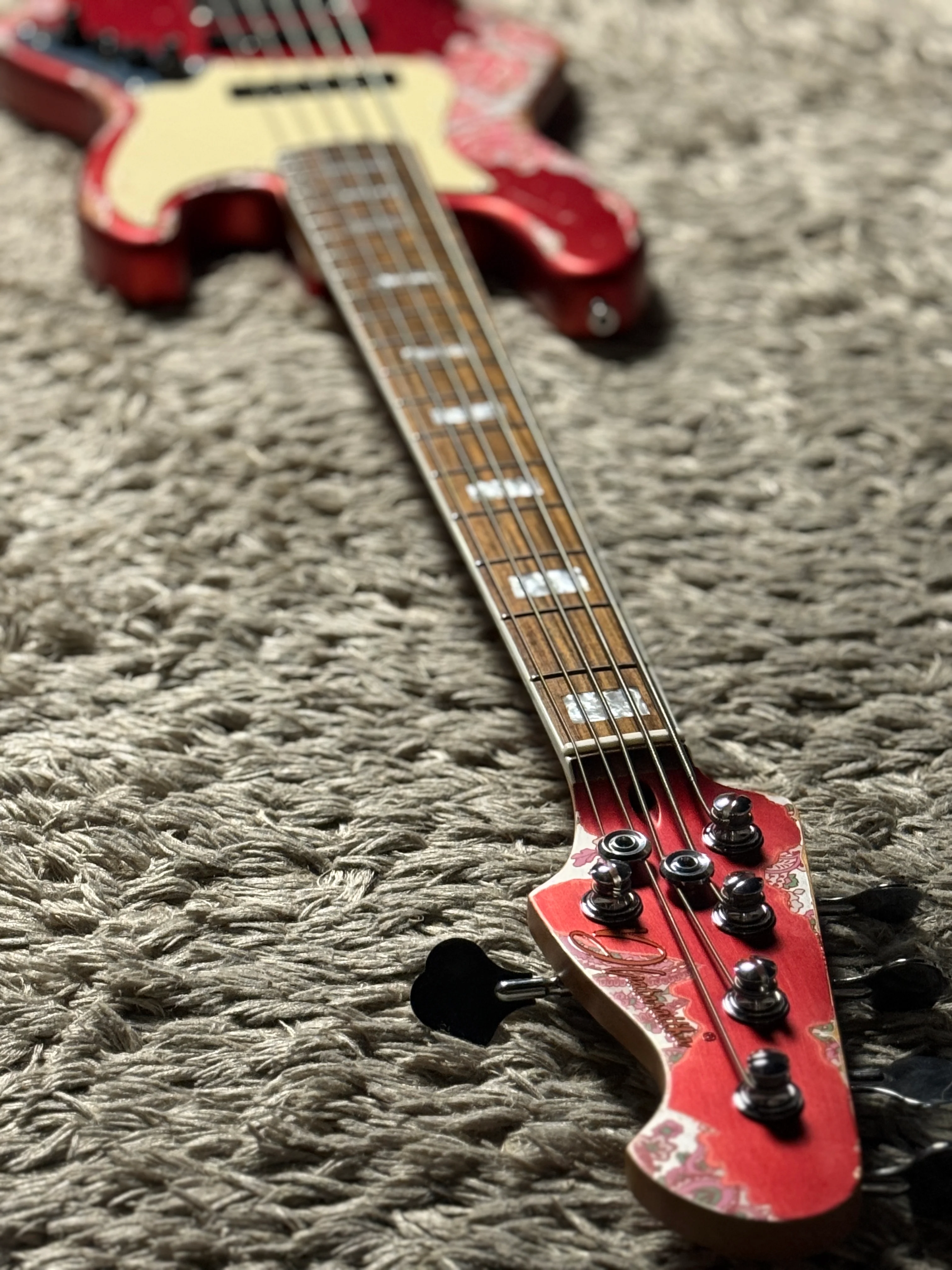 Dhatarattha Custom DEB 5 String Bass in Candy Apple Red over Pink Paisley with RW FB and Nitrocellulose Lacquer Relic - Image 7