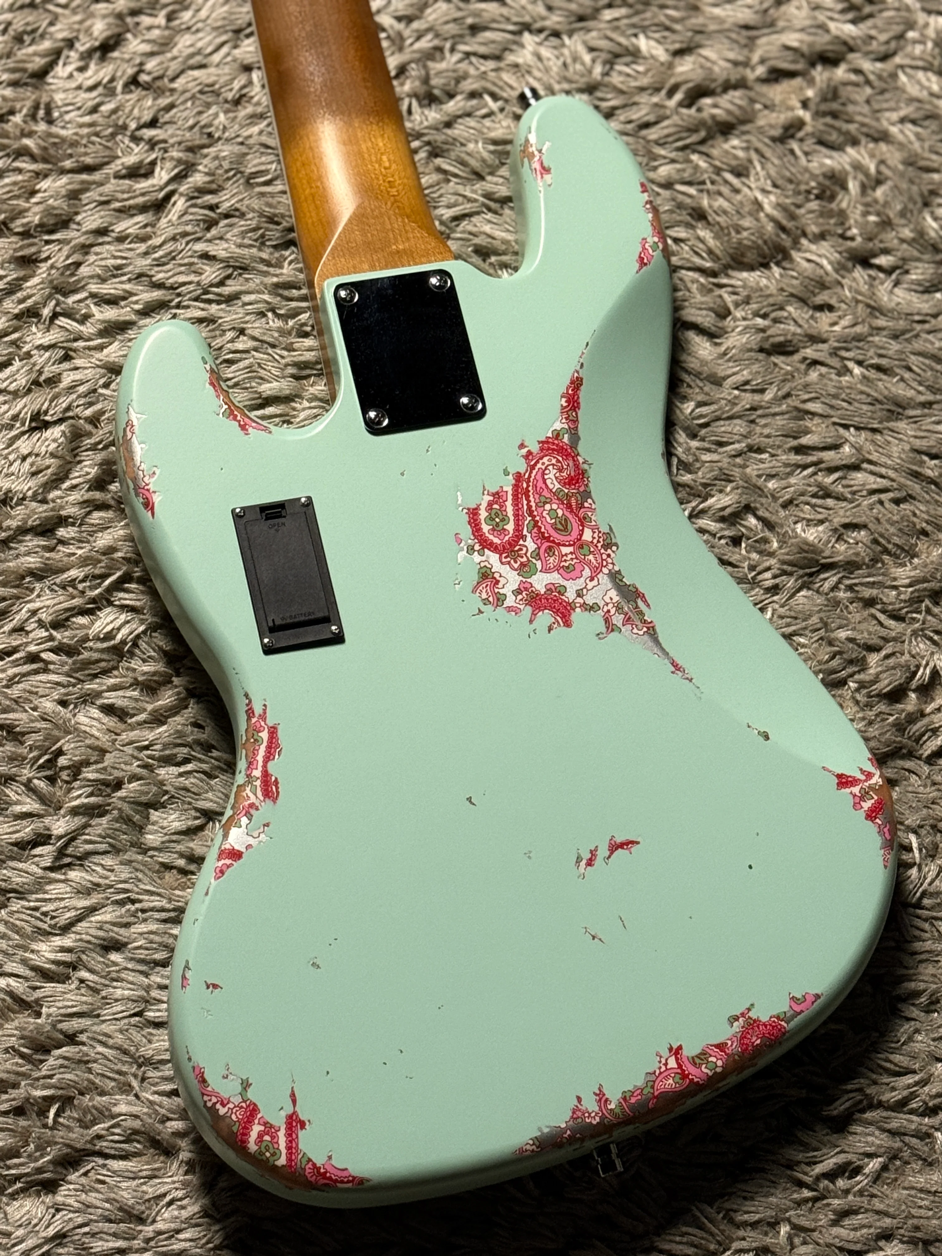 Dhatarattha Custom DEB 5 String Bass in Surf Green over Pink Paisley with RW FB and Nitrocellulose Lacquer Relic - Image 5