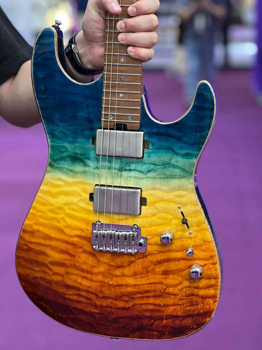 Soloking MS-1 Custom 24 HH Quilt FMN Roasted Flame Maple Neck in Beach Sunset Surf Fade JESCAR - Image 12
