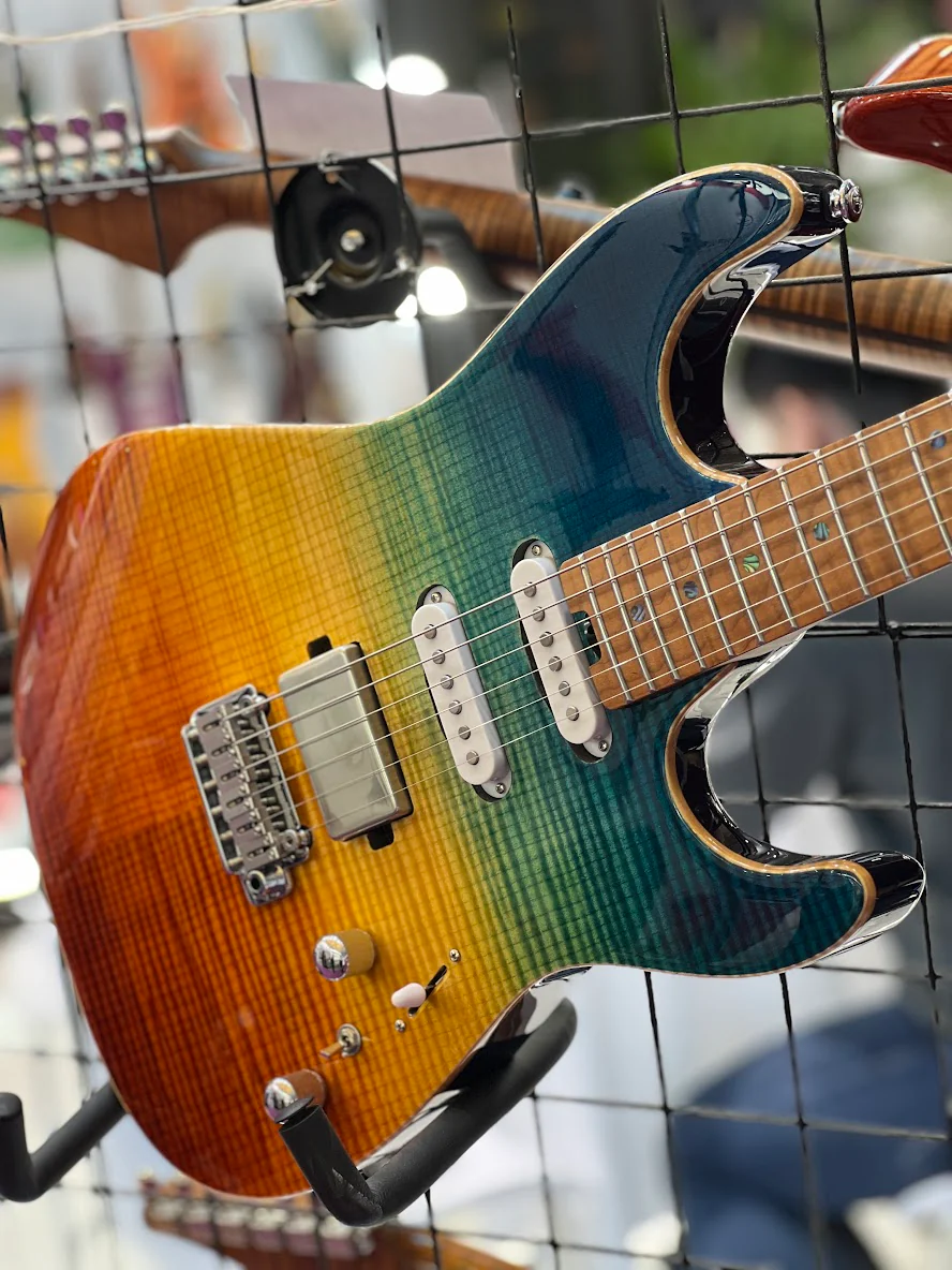 Soloking MS-1 Custom 24 HSS FMN Roasted Flame Maple Neck in Beach Sunset Surf Fade JESCAR - Image 9