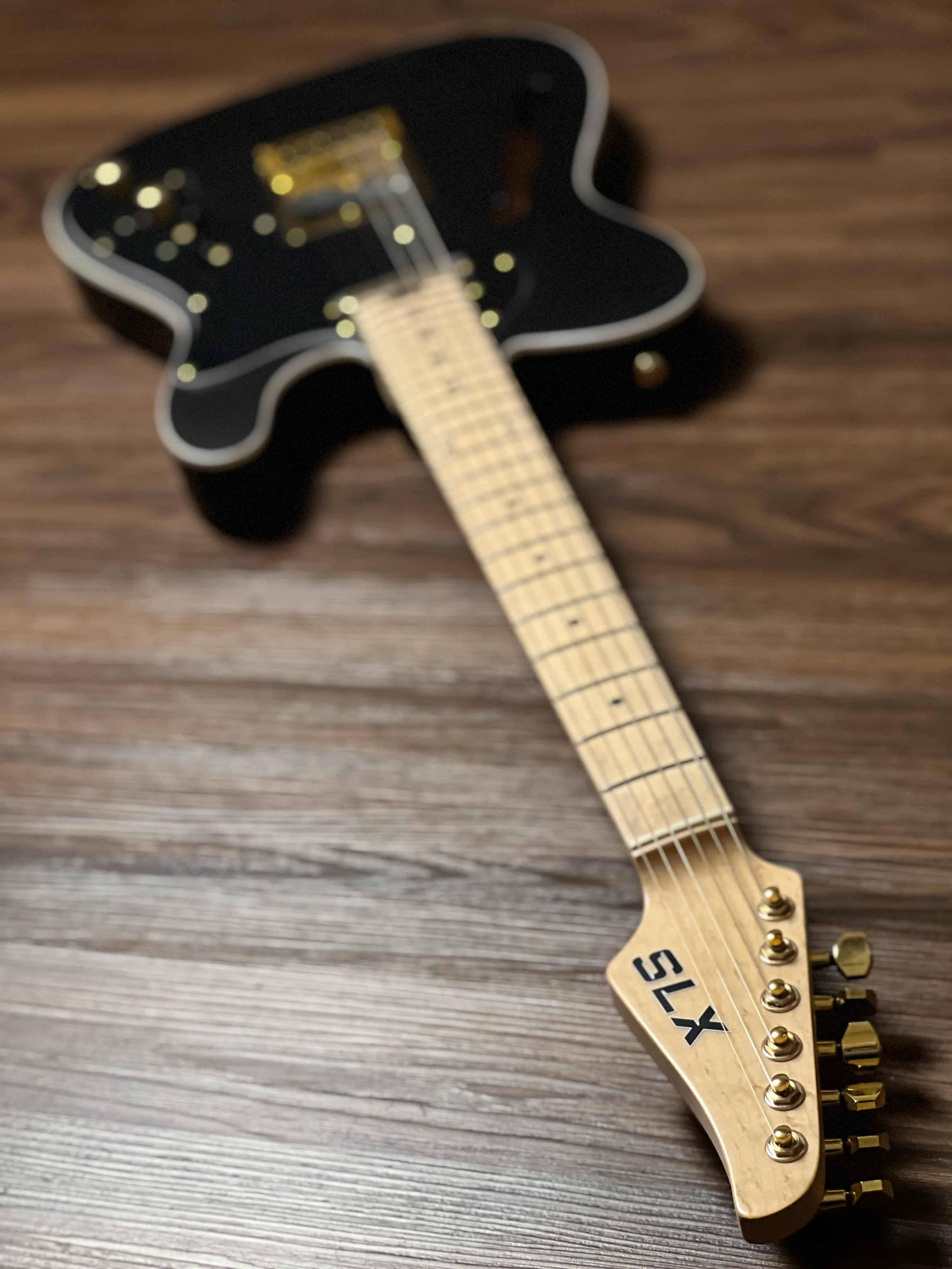 SLX Raven Thinline Deluxe in Black Satin with Maple FB and Gold Hardware - Image 6