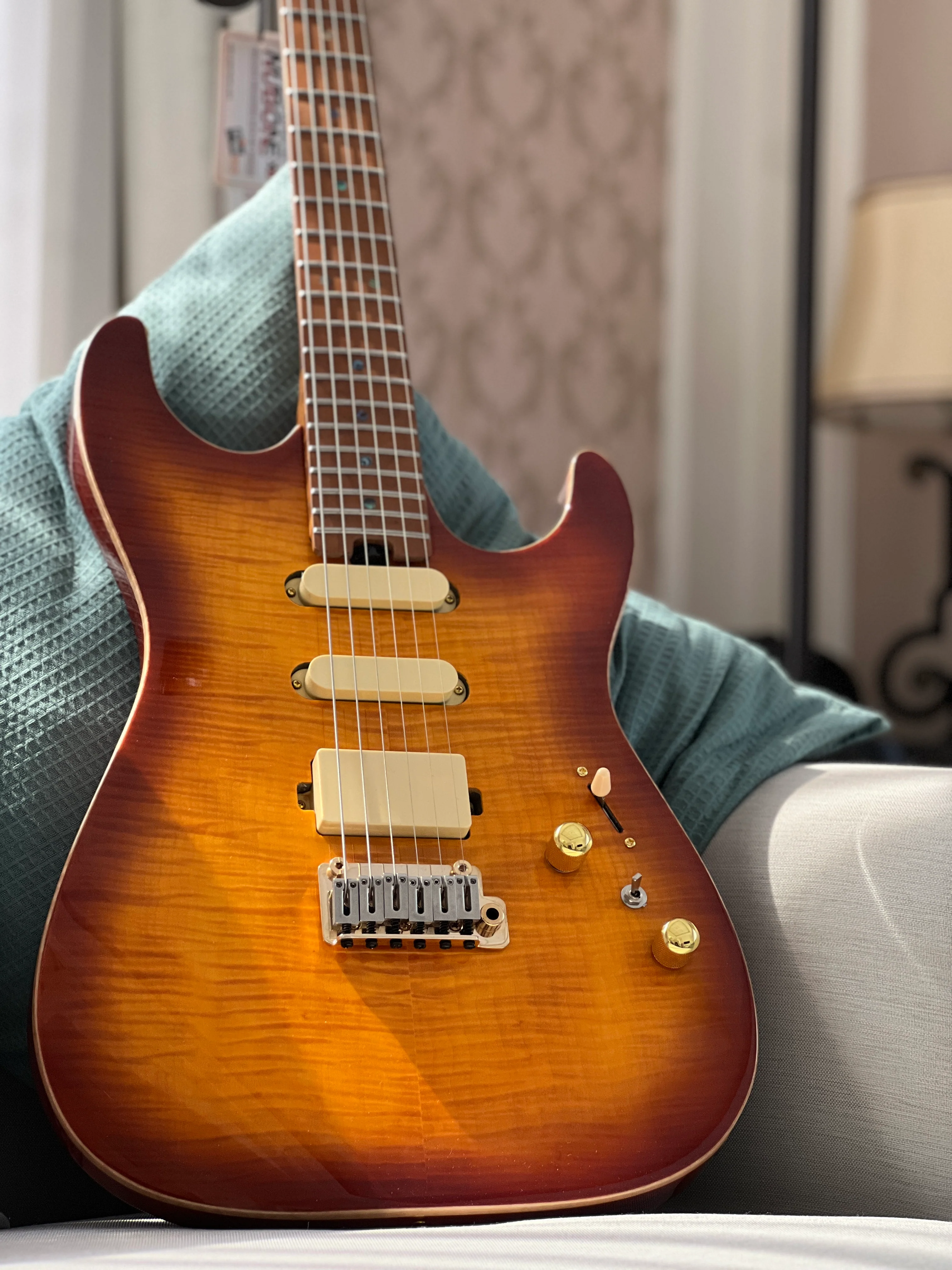 Soloking MS-1 Custom 22 HSS Flat Top One Piece Roasted Flame Neck in Bengal Burst Nafiri Special Run - Image 2