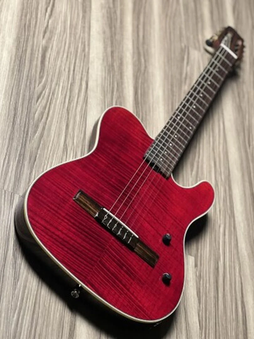 SQOE Spain SEGD900 Flamed Top Nylon Electric Guitar with Piezo in Dark Cherry Red - Image 2