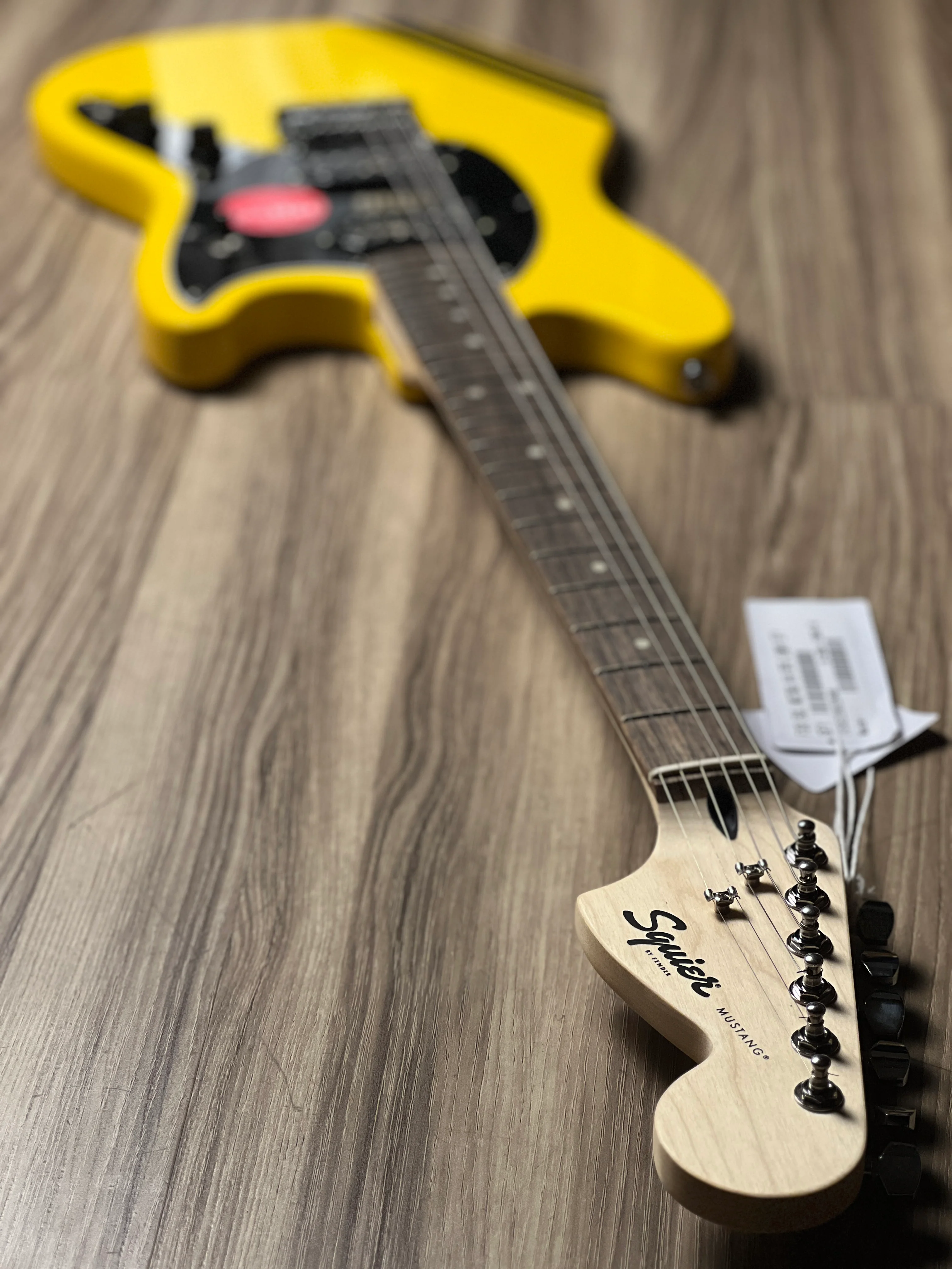 Squier FSR Bullet Competition HH Mustang Guitar With Black Stripes And Laurel FB In Graffiti Yellow - Image 6