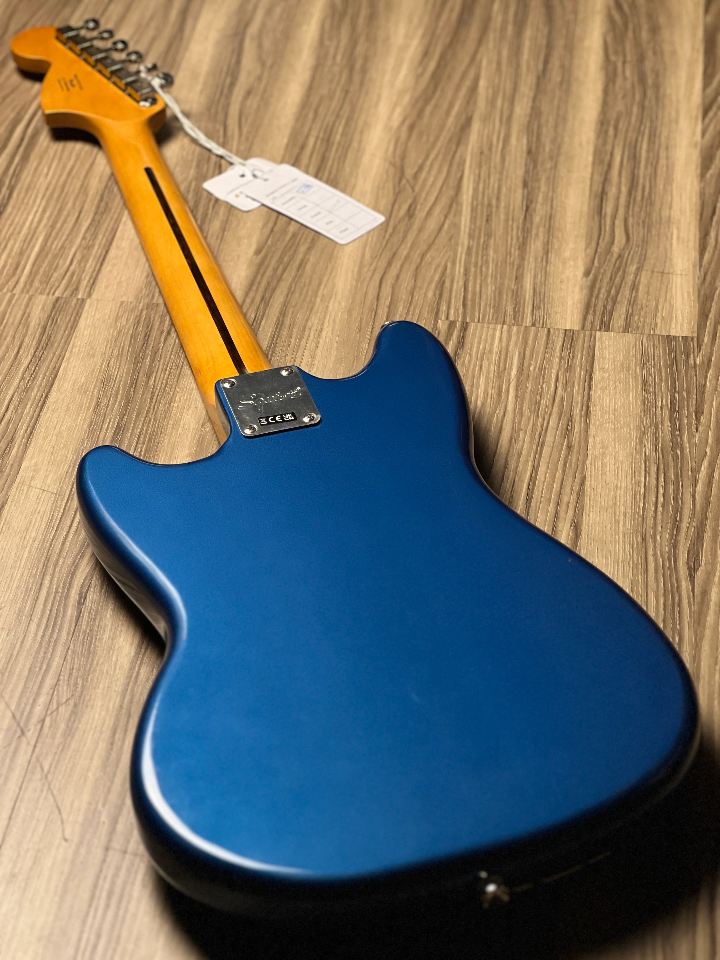Squier FSR Classic Vibe 60s Competition Mustang Guitar w/ Olympic White Stripes in Lake Placid Blue - Image 6