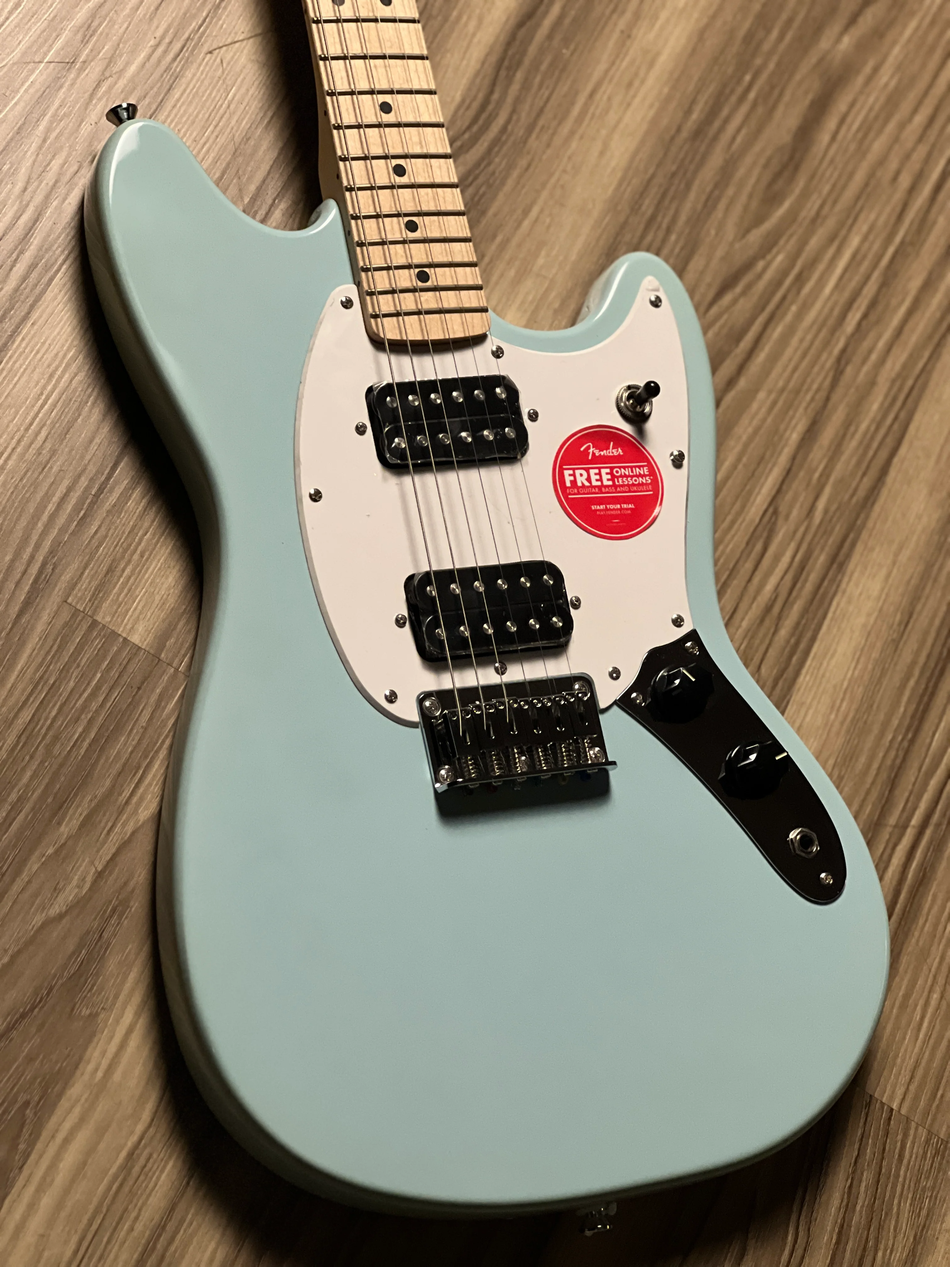 Squier FSR Sonic Mustang HH with White Pickguard and Maple FB in Sonic Blue - Image 3