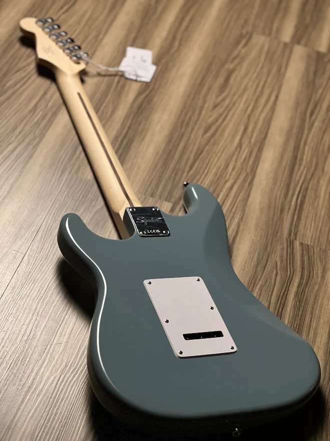 Squier FSR Sonic Stratocaster HSS Electric Guitar w/White Pickguard with Maple FB in Sonic Grey - Image 4