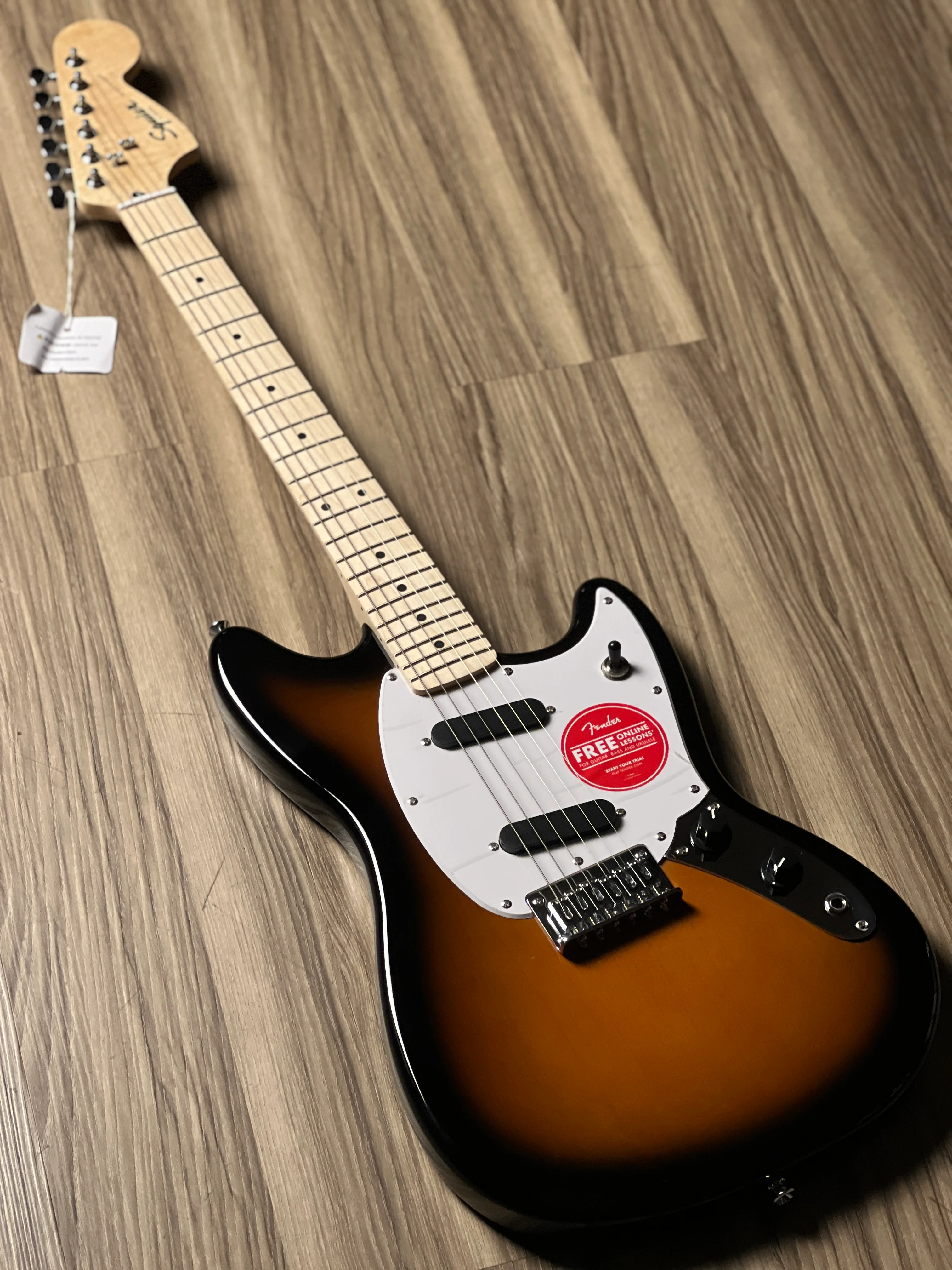 Squier Sonic Mustang with /White Pickguard and Maple FB in 2-Color Sunburst - Image 2